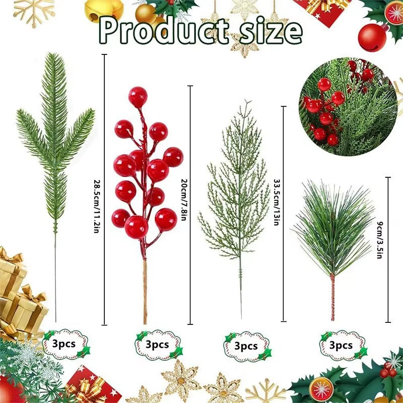 12Pcs Festive Artificial Pine Branches with Red Holly Berries for Christmas Wreaths and DIY Home Decor