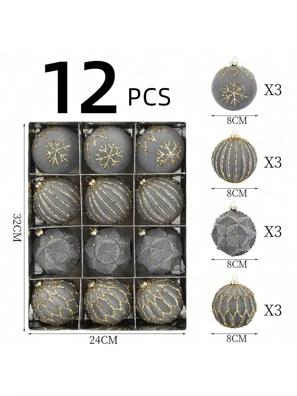 Luxurious Velvet Christmas Ball Ornaments Set - 12 Pcs 8cm Flocked Decorations for Holiday, Birthday, Wedding & Christmas Parties - Gift Box Included