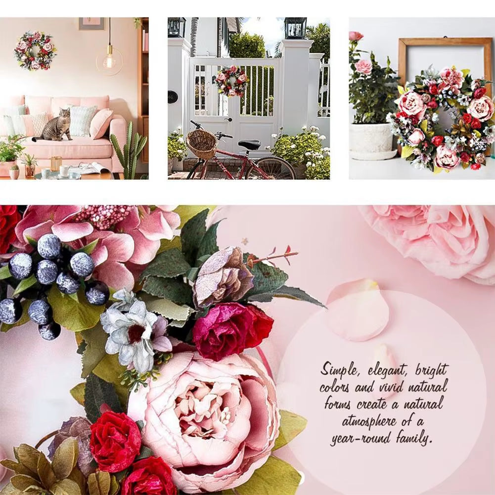 Elegant 35CM Retro Peony Flower Wreath - Luxurious Silk Wall Hanging for Christmas, Weddings, and Home Decor