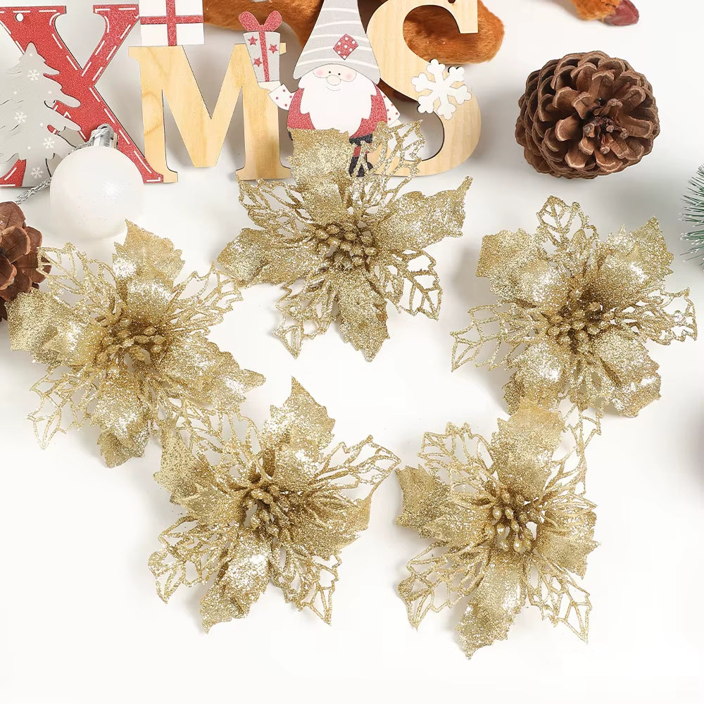 Stunning Glitter Artificial Christmas Flowers - Perfect for Wreaths, Garlands, and Holiday Decor (5/10PCS)