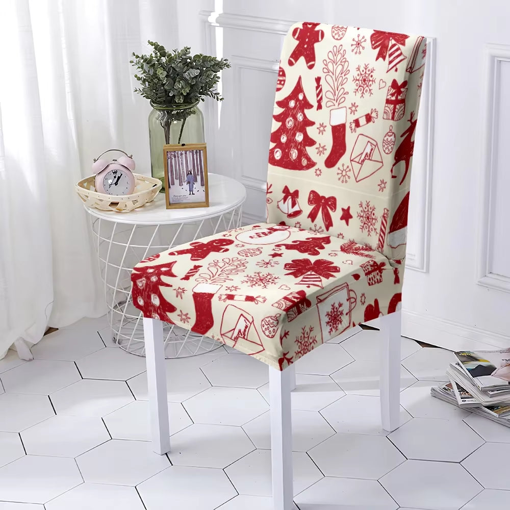 Festive Stretchable Christmas Chair Covers - Washable Elastic Seat Protectors for Dining Room & Kitchen Decor