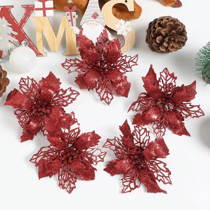 Stunning Glitter Artificial Christmas Flowers - Perfect for Wreaths, Garlands, and Holiday Decor (5/10PCS)