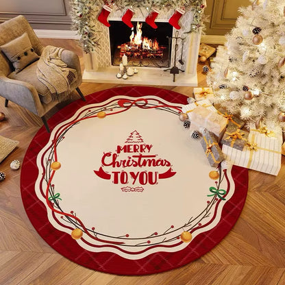 VIKAMA Festive Red and White Round Carpet with 3D Embroidery - Anti-Slip Short Pile Christmas Decoration