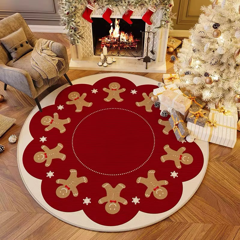 VIKAMA Festive Red and White Round Carpet with 3D Embroidery - Anti-Slip Short Pile Christmas Decoration