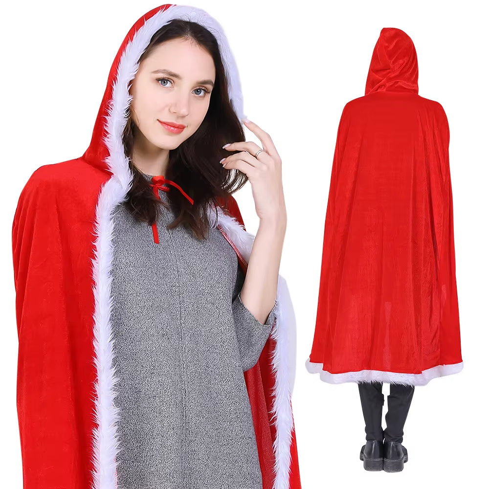 Halloween Christmas Costumes Adult Women Sexy Hooded Cloak Mrs Santa Claus Velvet Fur Red Clothing