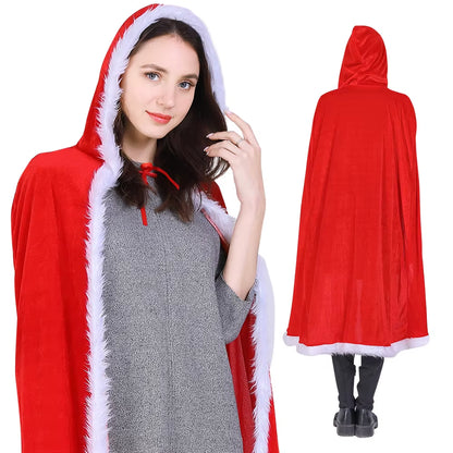Halloween Christmas Costumes Adult Women Sexy Hooded Cloak Mrs Santa Claus Velvet Fur Red Clothing