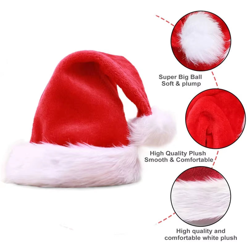 Festive Velvet Christmas Santa Hats for Adults & Kids - Unisex Red Classic with Fur Trim - Perfect for Holiday Parties & New Year Celebrations!