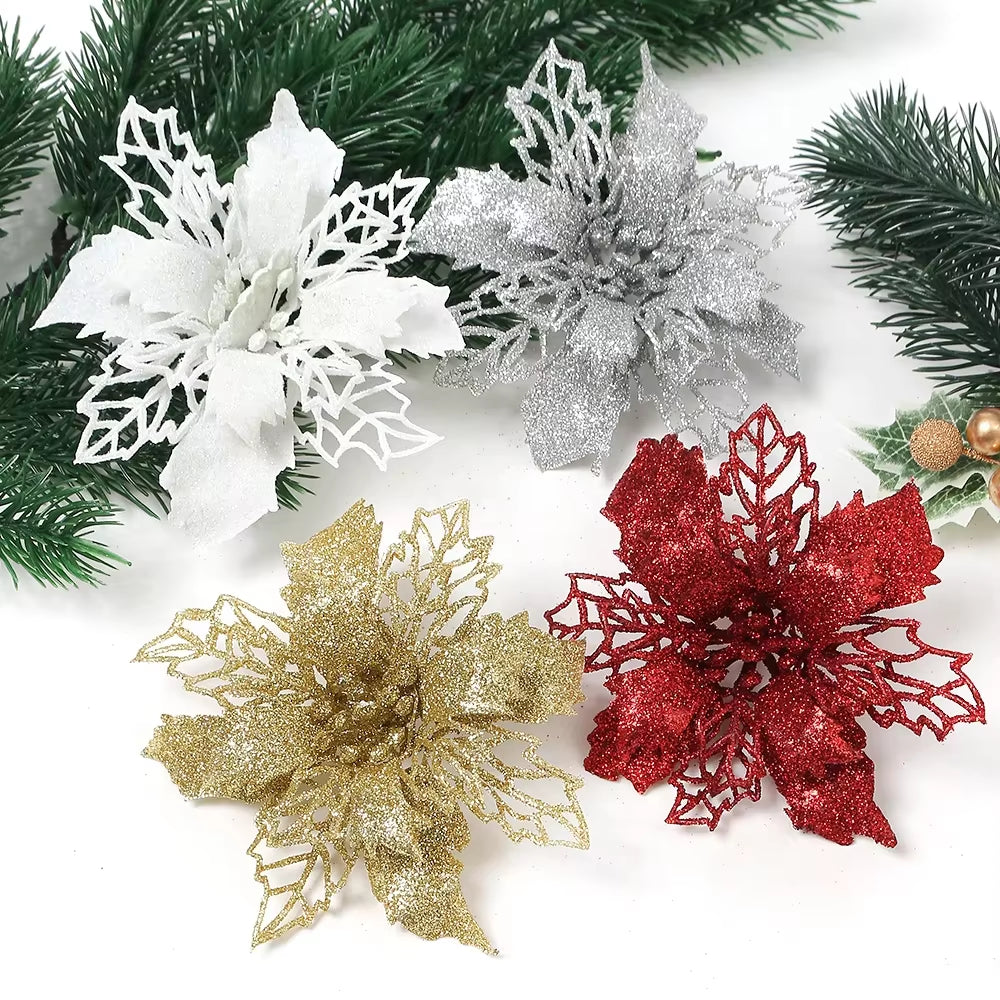 Stunning Glitter Artificial Christmas Flowers - Perfect for Wreaths, Garlands, and Holiday Decor (5/10PCS)