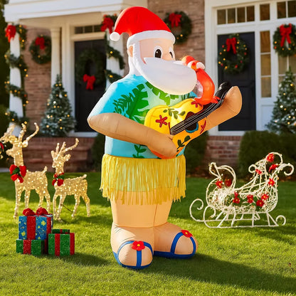 Hawaiian Santa Inflatable Christmas Decoration - 6FT LED Guitar Ornament for Home & Yard Party Decor