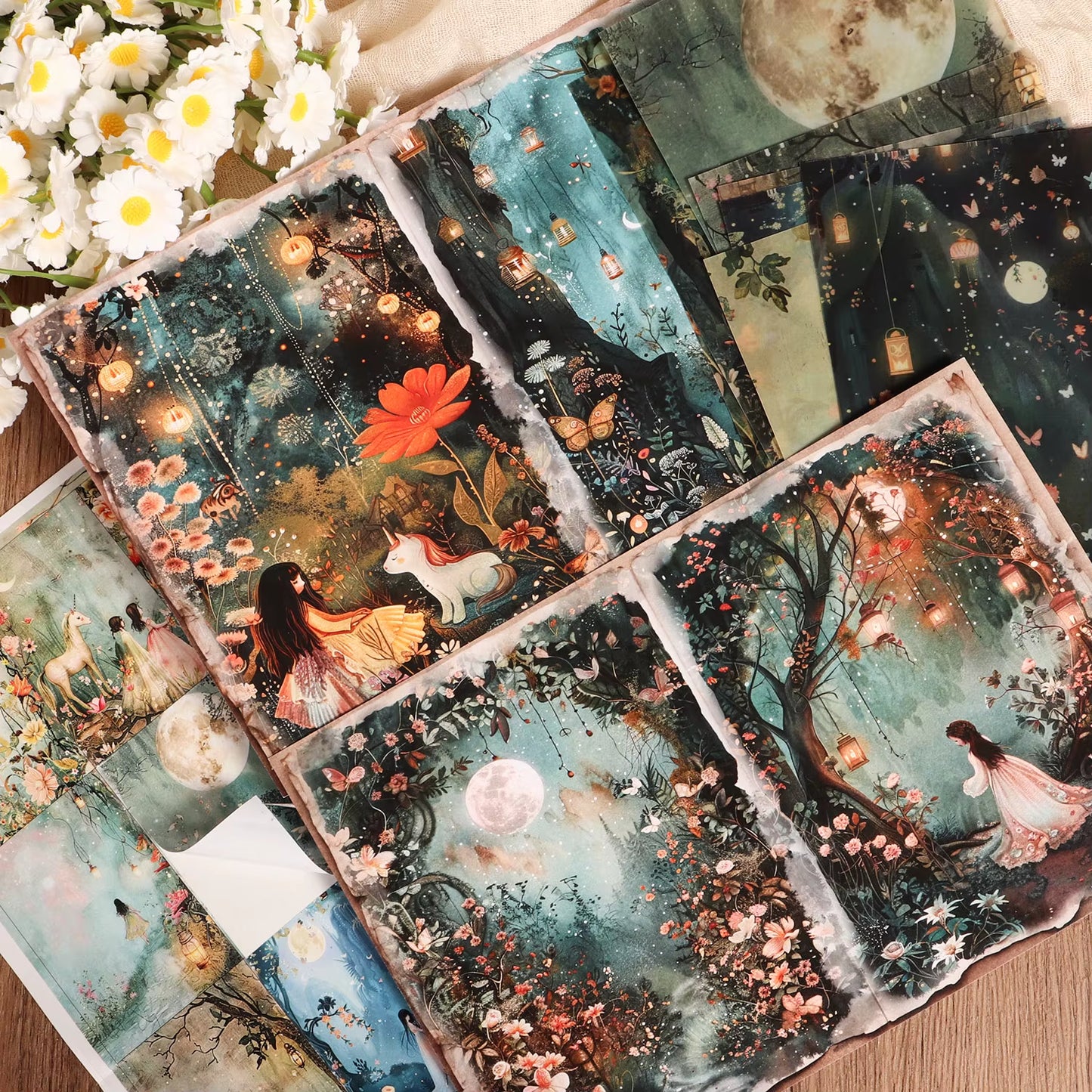 Fantasy Forest DIY Scrapbook Kit: 16 A5 Decorative Papers, 8 Transparent Sulfuric Acid Sheets & 36 Stickers for Creative Arts & Crafts