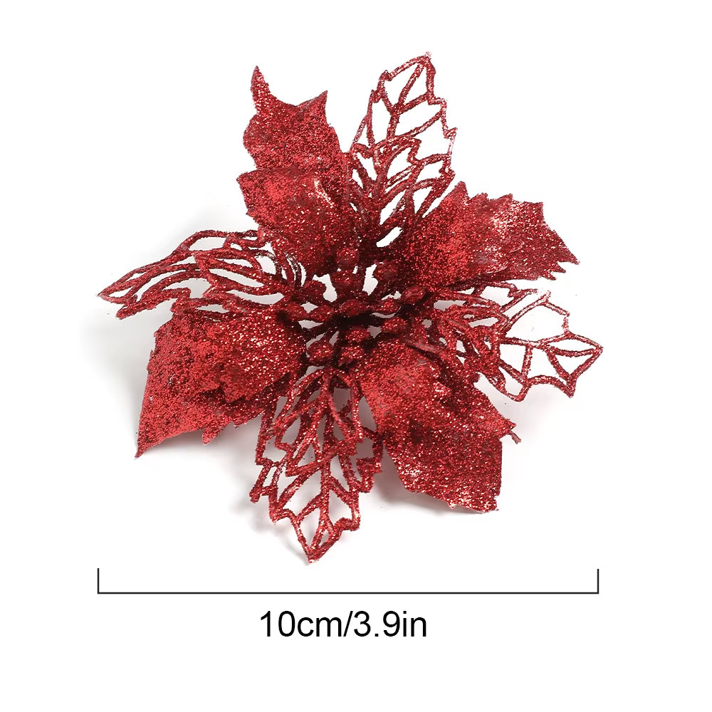 Stunning Glitter Artificial Christmas Flowers - Perfect for Wreaths, Garlands, and Holiday Decor (5/10PCS)