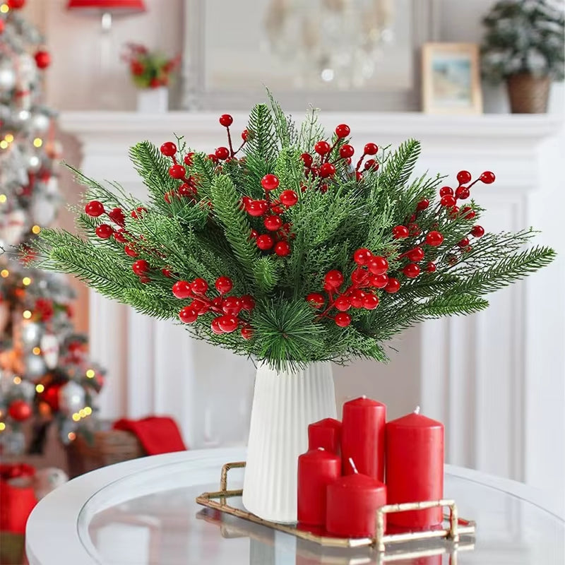 12Pcs Festive Artificial Pine Branches with Red Holly Berries for Christmas Wreaths and DIY Home Decor