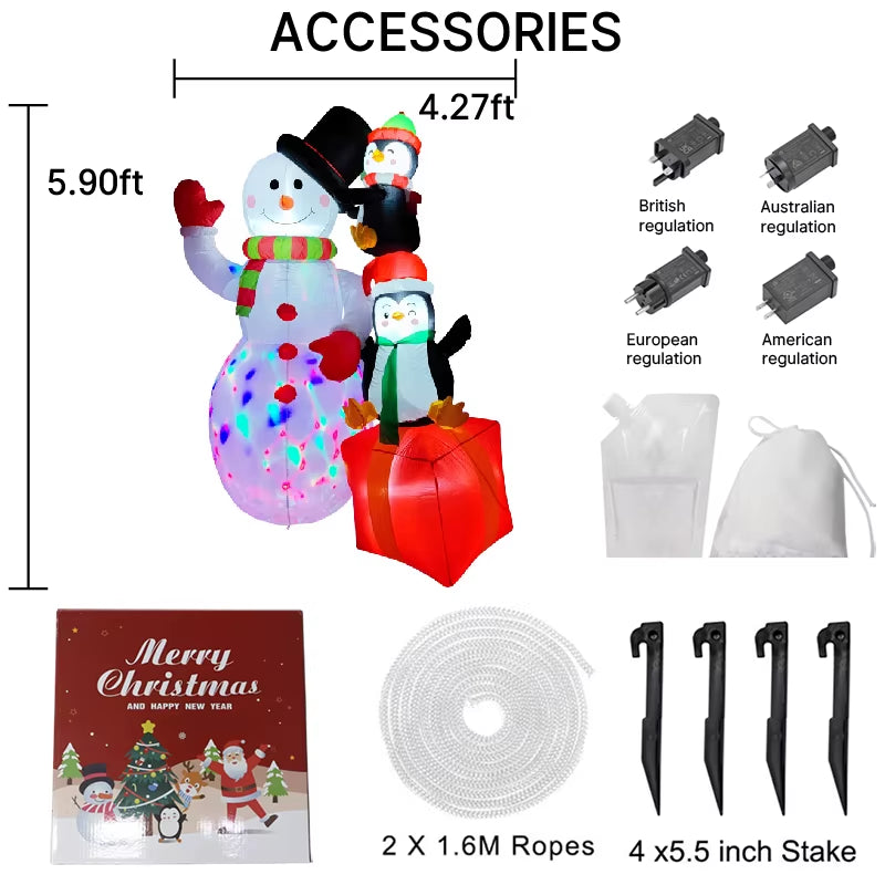 5.9FT Inflatable Snowman Penguins with LED Lights - Perfect Holiday Outdoor Decor for Your Home and Yard Party