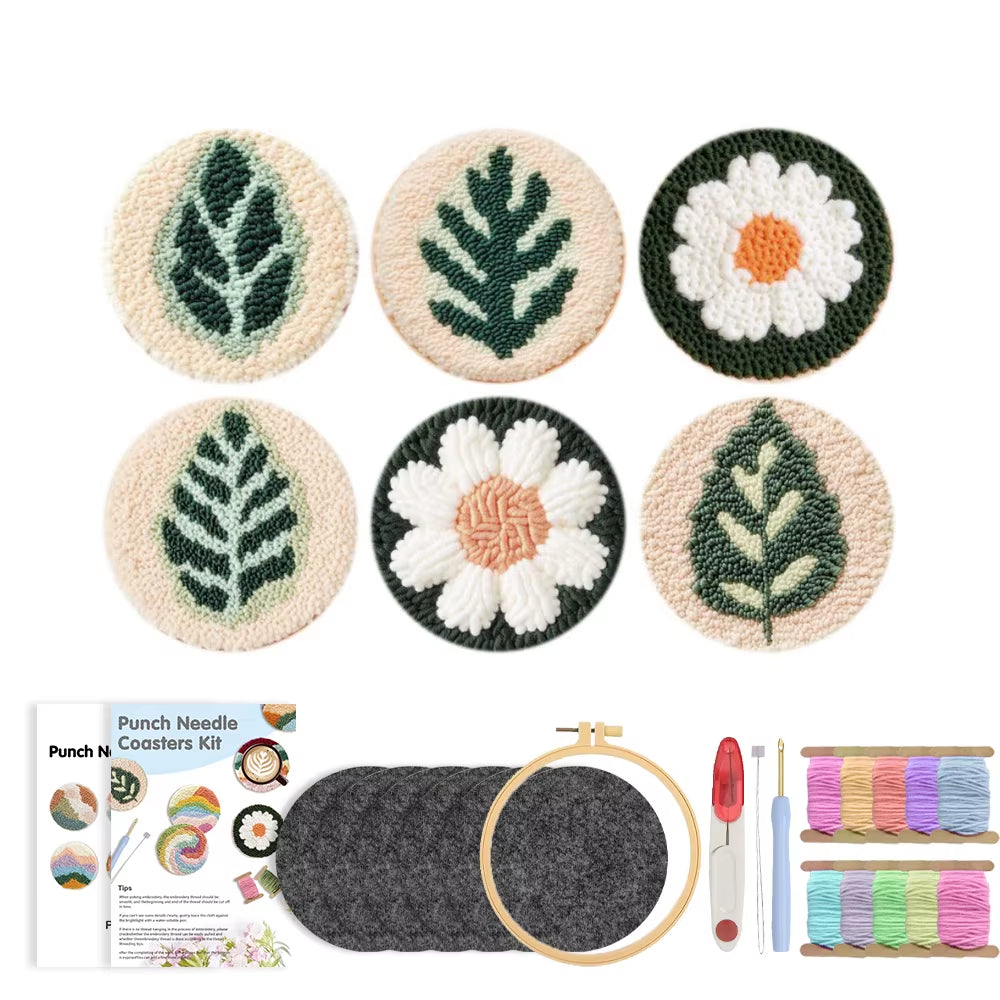 GATYZTORY 6-Piece Flower Punch Needle Coaster Kit - DIY Embroidery Craft Supplies for Stunning Tufted Coasters