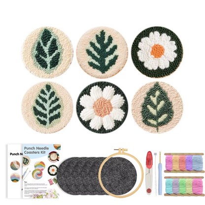 GATYZTORY 6-Piece Flower Punch Needle Coaster Kit - DIY Embroidery Craft Supplies for Stunning Tufted Coasters