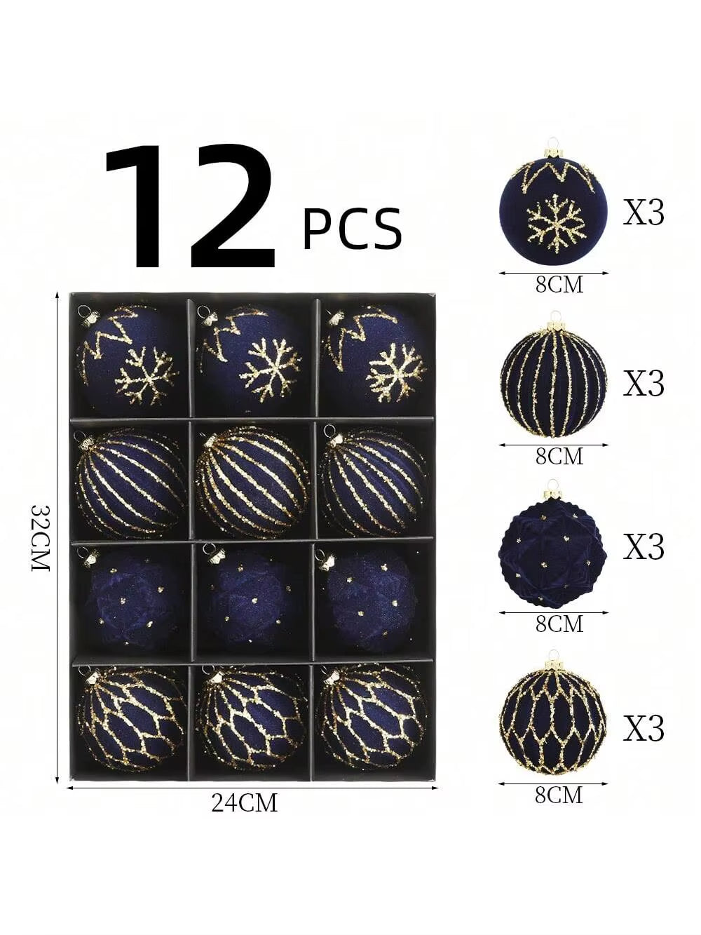 Luxurious Velvet Christmas Ball Ornaments Set - 12 Pcs 8cm Flocked Decorations for Holiday, Birthday, Wedding & Christmas Parties - Gift Box Included