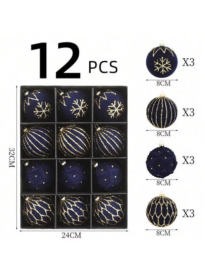 Luxurious Velvet Christmas Ball Ornaments Set - 12 Pcs 8cm Flocked Decorations for Holiday, Birthday, Wedding & Christmas Parties - Gift Box Included