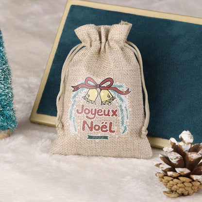 Set of 5 Christmas Burlap Drawstring Pouches - Festive Snowman & Santa Claus Designs for Jewelry Packaging & Gift Giving