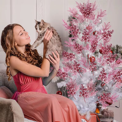 Sparkling Pink Christmas Berry Stalk - 26Cm Pine Needle Flower for Tree Ornaments & DIY Wreath Decor