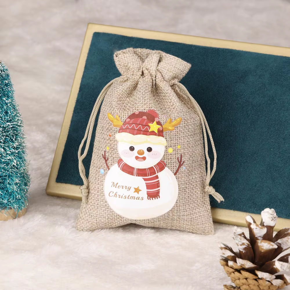 Set of 5 Christmas Burlap Drawstring Pouches - Festive Snowman & Santa Claus Designs for Jewelry Packaging & Gift Giving