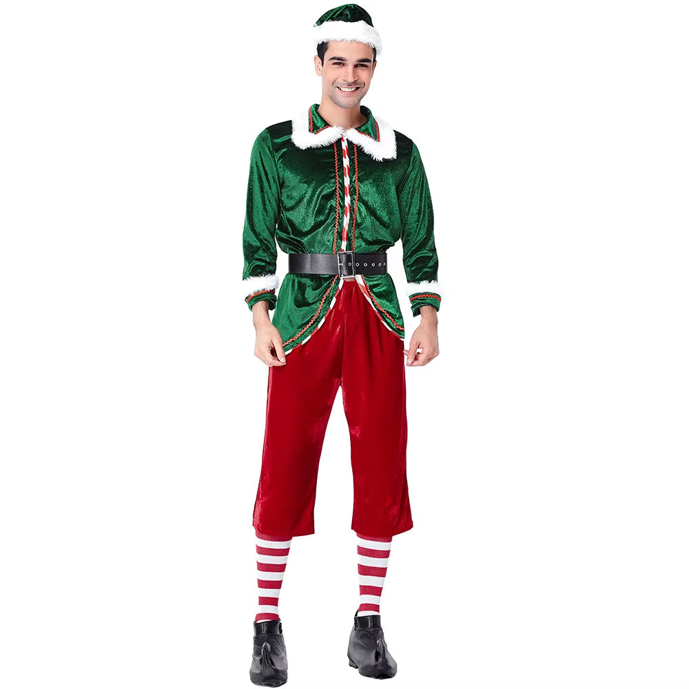 Festive Men's Santa & Elf Costume Set - Cozy Long-Sleeve Outfit with Socks for Christmas Parties and Cosplay