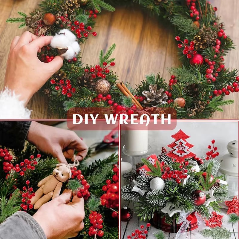 12Pcs Festive Artificial Pine Branches with Red Holly Berries for Christmas Wreaths and DIY Home Decor