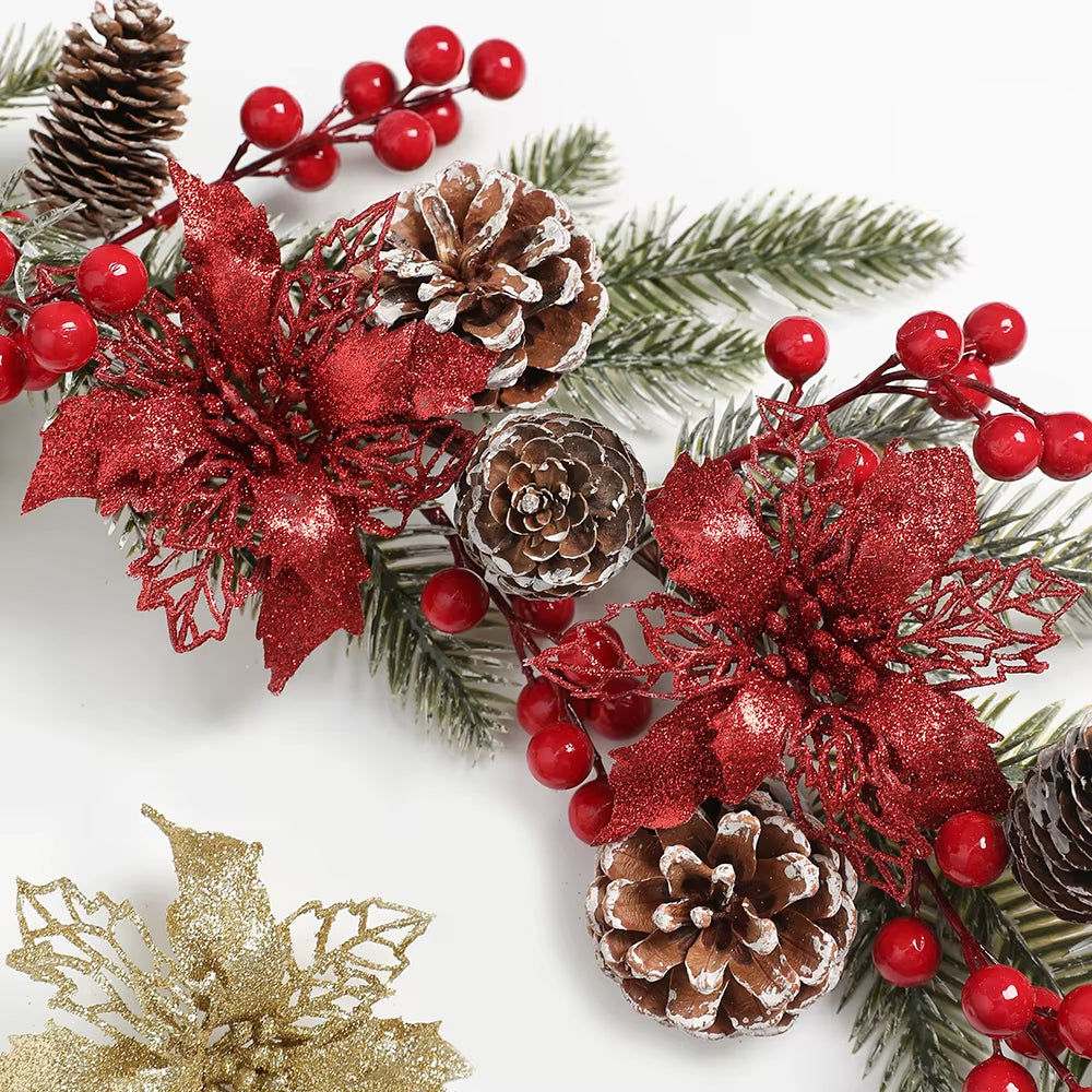 Stunning Glitter Artificial Christmas Flowers - Perfect for Wreaths, Garlands, and Holiday Decor (5/10PCS)