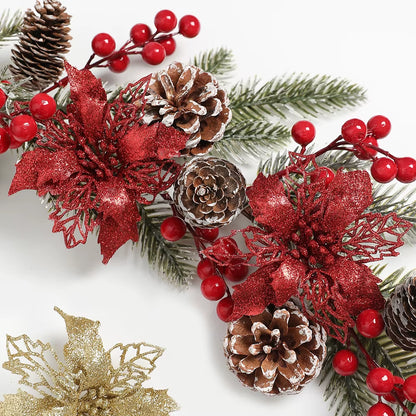 Stunning Glitter Artificial Christmas Flowers - Perfect for Wreaths, Garlands, and Holiday Decor (5/10PCS)