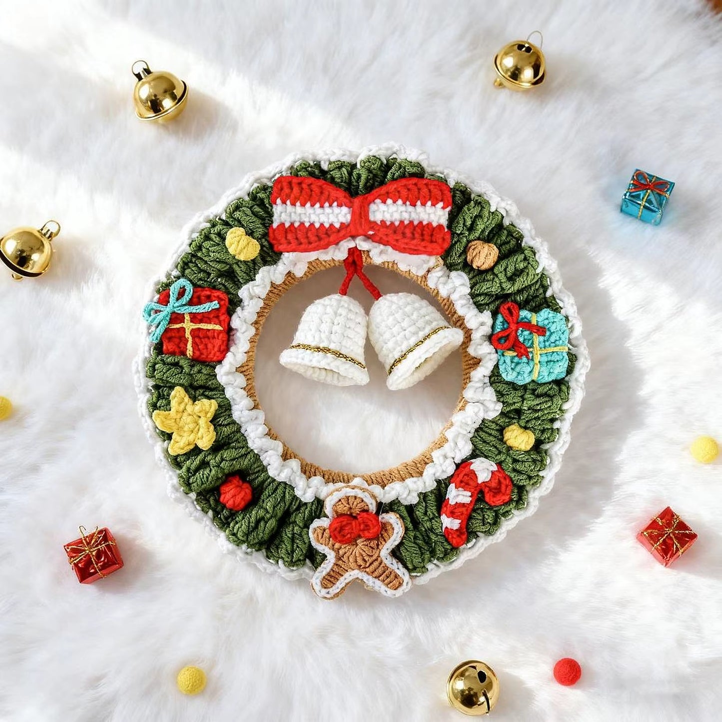 Festive Crochet Christmas Wreath - Beautiful Hanging Holiday Decoration & Bell Garland for Front Door