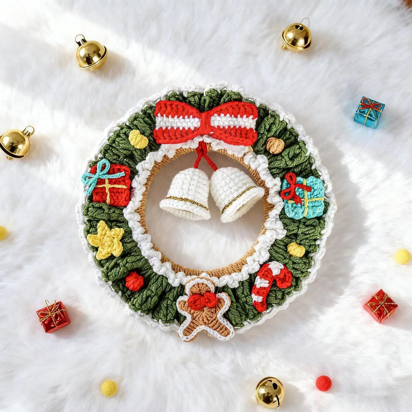 Festive Crochet Christmas Wreath - Beautiful Hanging Holiday Decoration & Bell Garland for Front Door