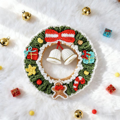 Festive Crochet Christmas Wreath - Beautiful Hanging Holiday Decoration & Bell Garland for Front Door