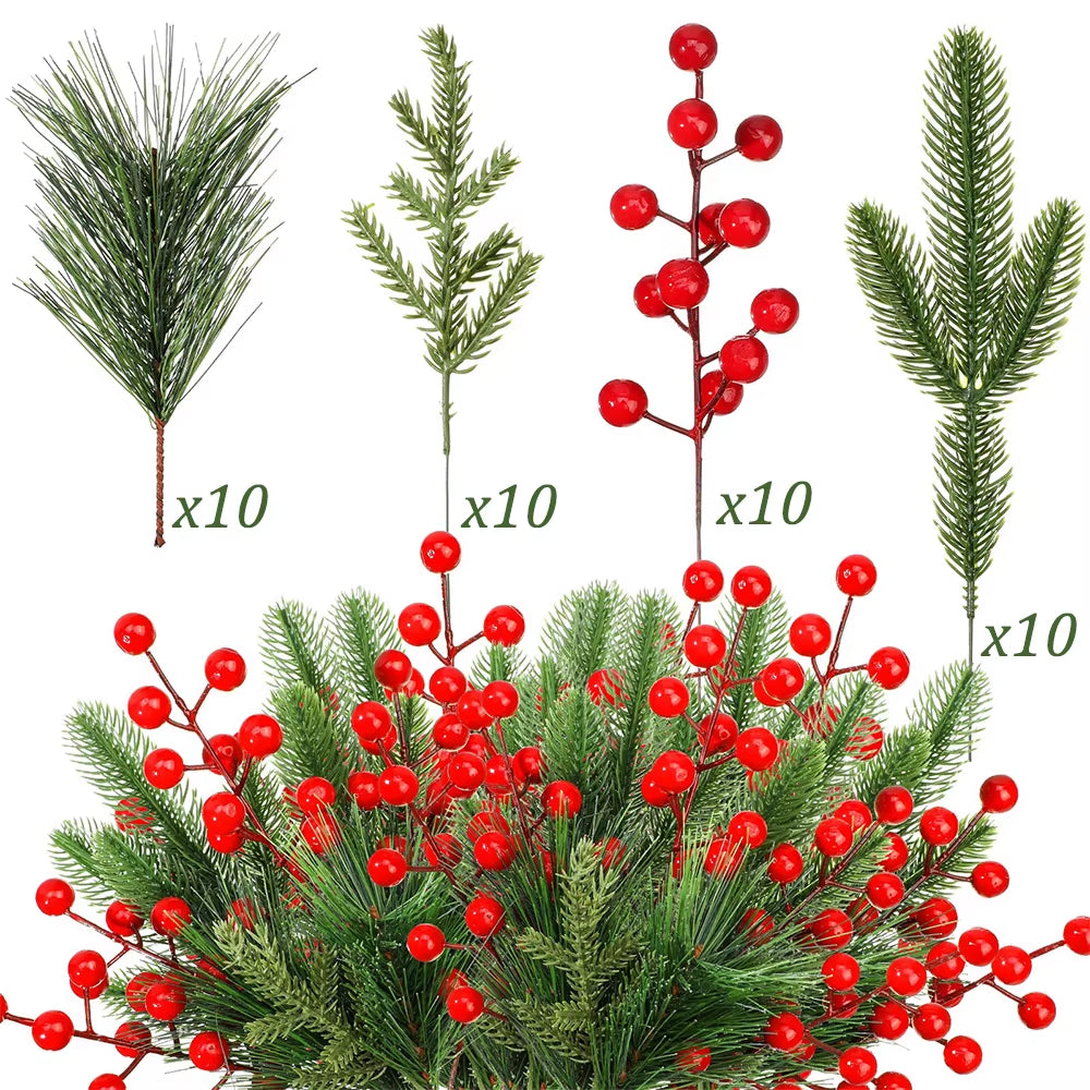40Pcs Faux Pine Needle Branches with Red Berry Picks - Perfect for DIY Christmas Wreaths and Holiday Decorations