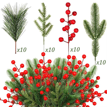 40Pcs Faux Pine Needle Branches with Red Berry Picks - Perfect for DIY Christmas Wreaths and Holiday Decorations