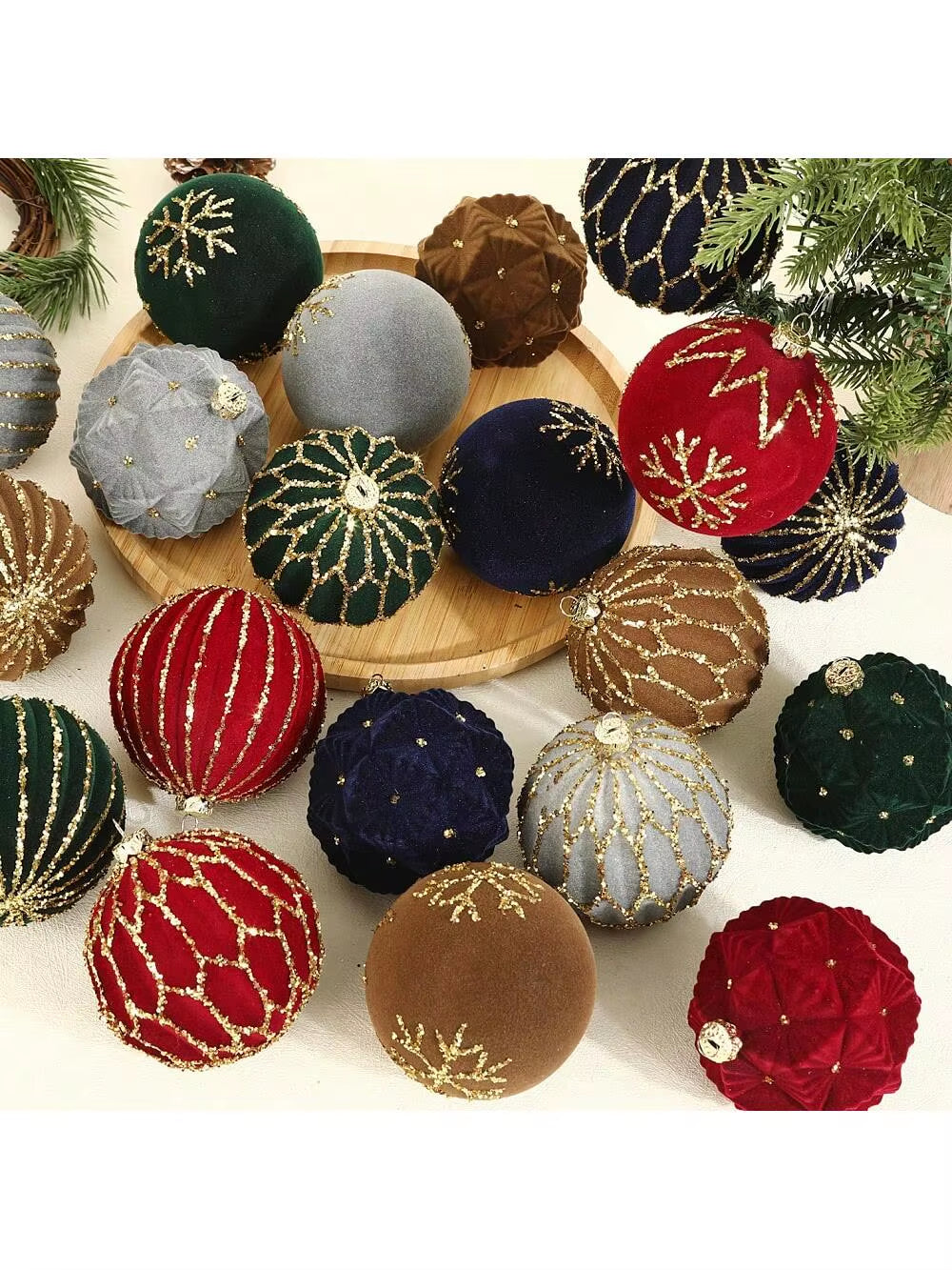 Luxurious Velvet Christmas Ball Ornaments Set - 12 Pcs 8cm Flocked Decorations for Holiday, Birthday, Wedding & Christmas Parties - Gift Box Included