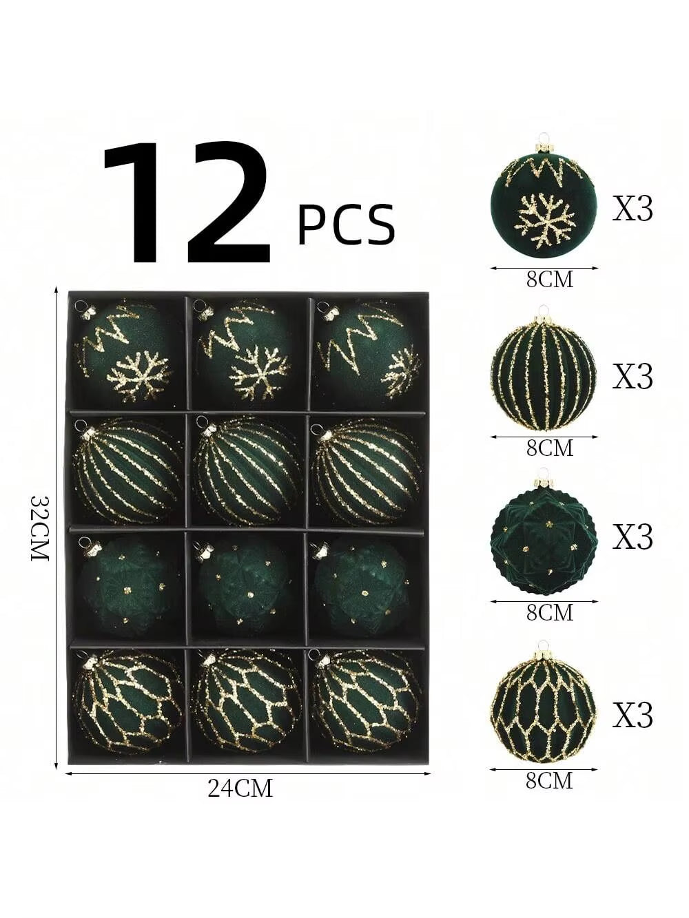 Luxurious Velvet Christmas Ball Ornaments Set - 12 Pcs 8cm Flocked Decorations for Holiday, Birthday, Wedding & Christmas Parties - Gift Box Included