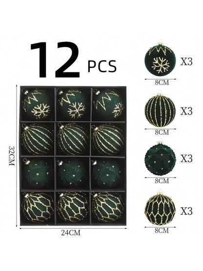 Luxurious Velvet Christmas Ball Ornaments Set - 12 Pcs 8cm Flocked Decorations for Holiday, Birthday, Wedding & Christmas Parties - Gift Box Included