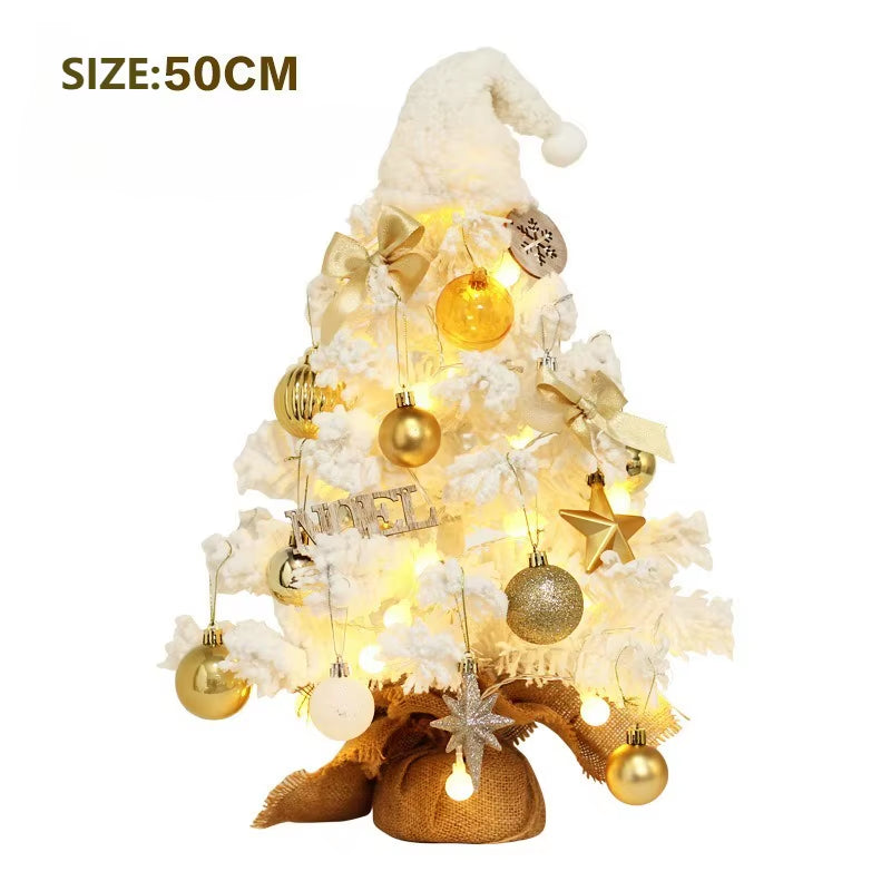 Stunning 50CM Snow-Covered LED Christmas Tree Set with Gold Ornaments - Perfect for Desktop or Window Display!