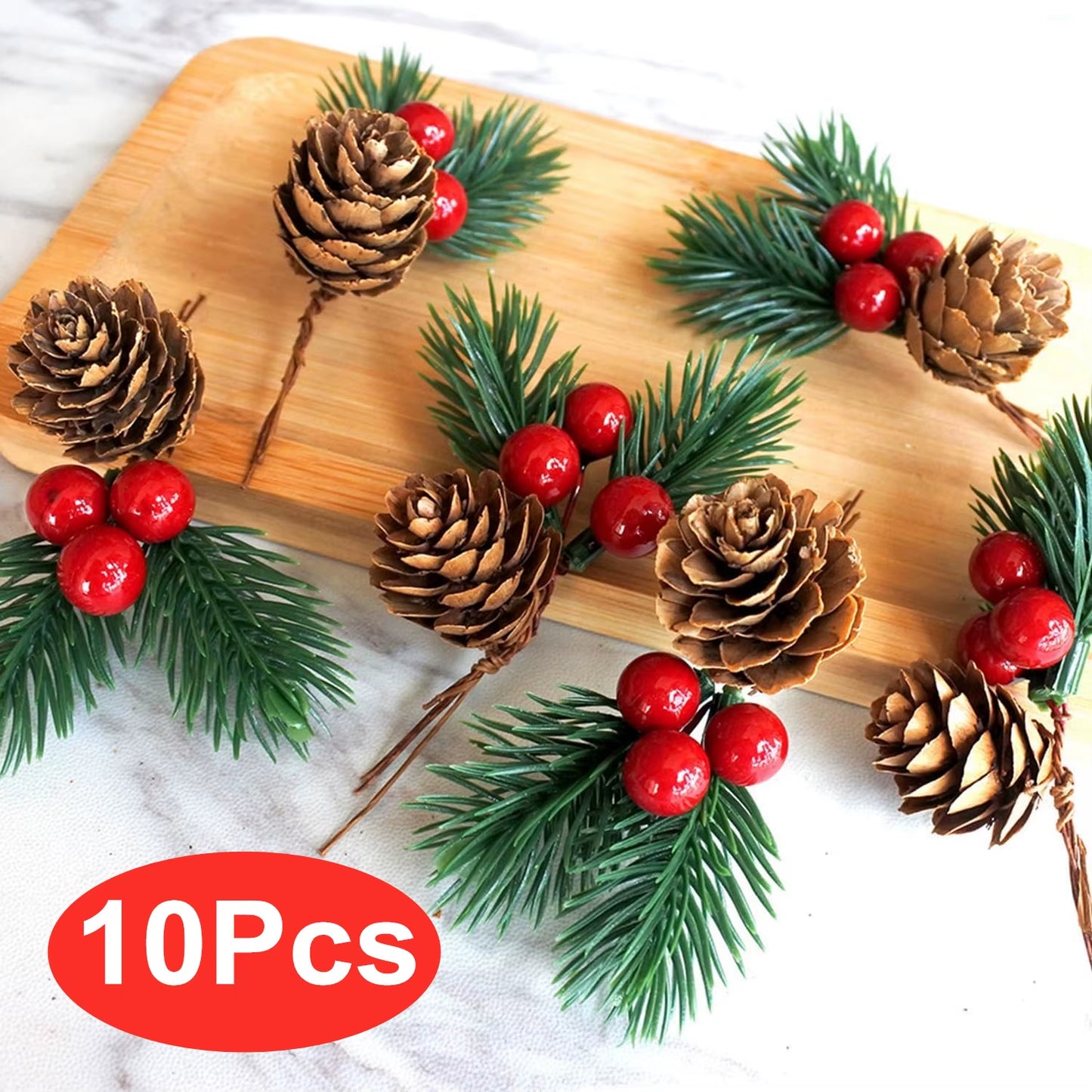 10PCS Festive Christmas Pine Cone & Red Berry Picks - Perfect for DIY Wreaths & Holiday Decorations!
