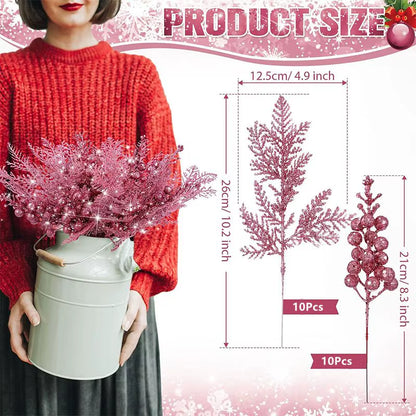 Sparkling Pink Christmas Berry Stalk - 26Cm Pine Needle Flower for Tree Ornaments & DIY Wreath Decor