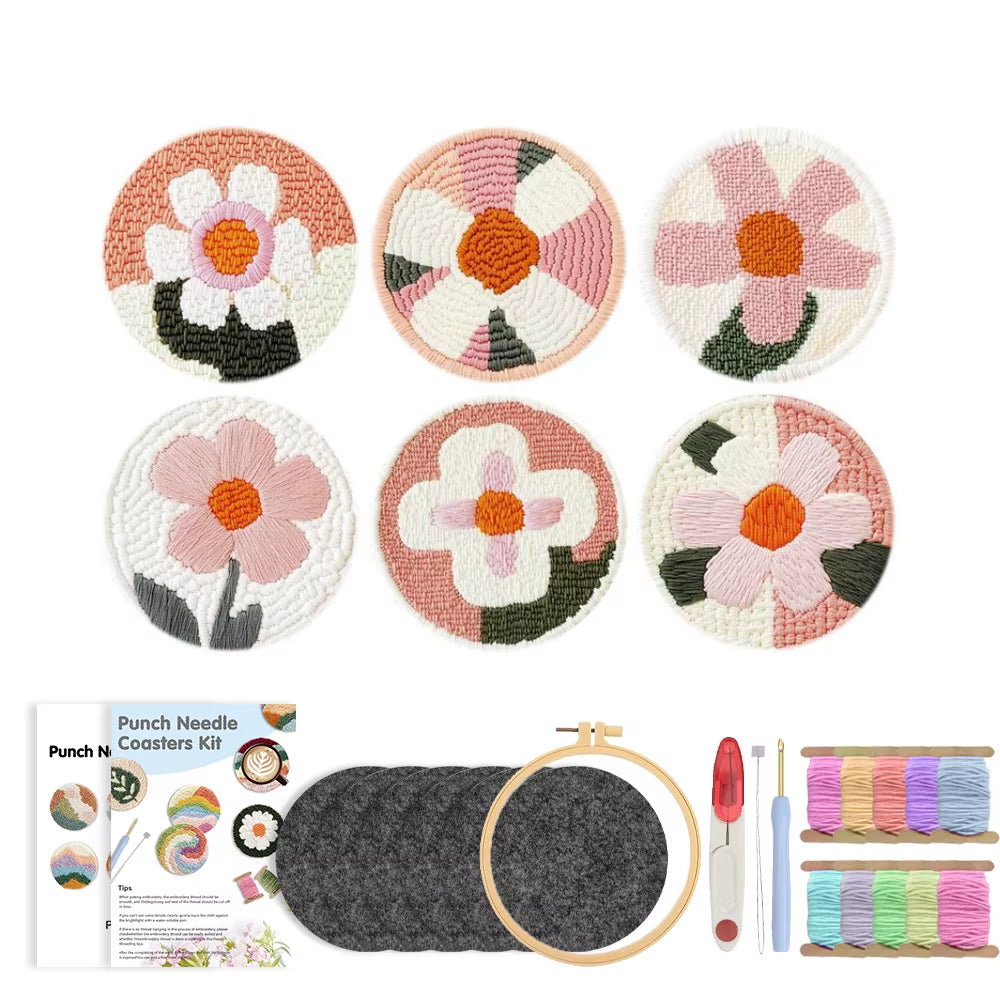 GATYZTORY 6-Piece Flower Punch Needle Coaster Kit - DIY Embroidery Craft Supplies for Stunning Tufted Coasters