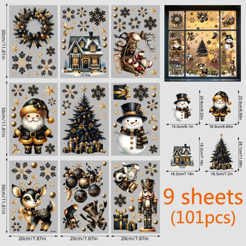Double-Sided Removable Black Gold Christmas Window Cling Stickers - Santa Claus & Snowflake Decor