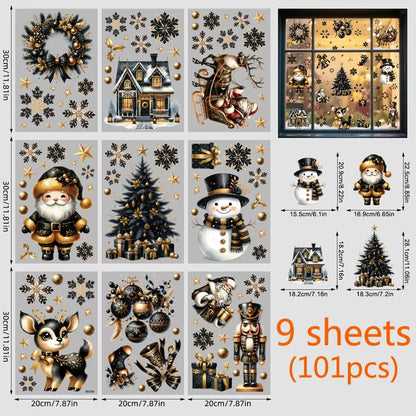 Double-Sided Removable Black Gold Christmas Window Cling Stickers - Santa Claus & Snowflake Decor