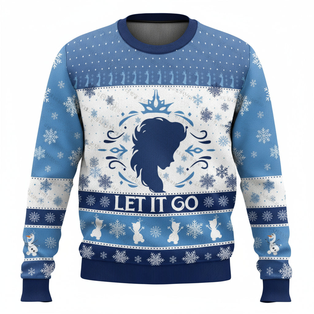 Festive Elsa Frozen Ugly Christmas Sweater - Blue & White Snowflake Pullover for Winter Fun