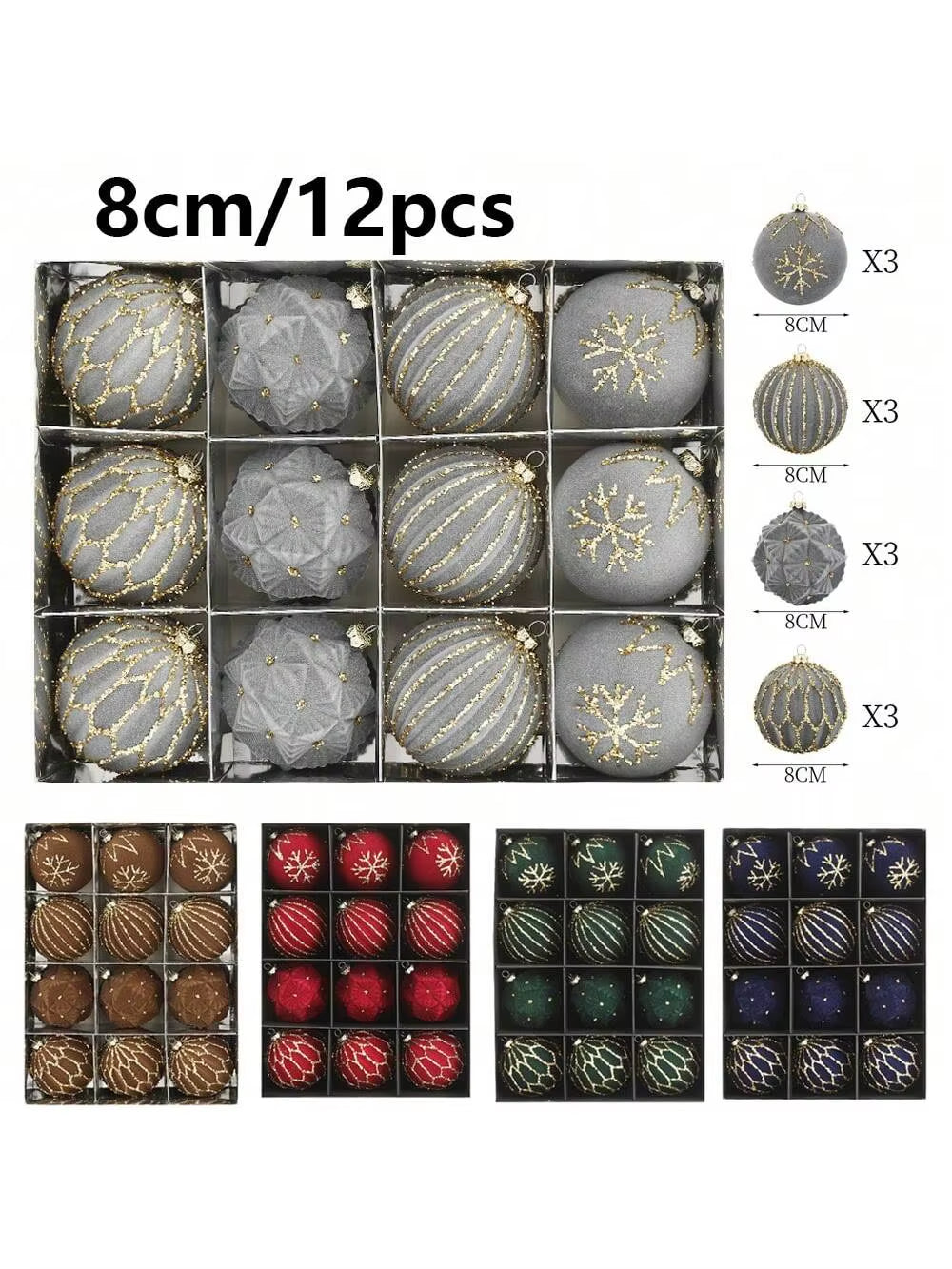 Luxurious Velvet Christmas Ball Ornaments Set - 12 Pcs 8cm Flocked Decorations for Holiday, Birthday, Wedding & Christmas Parties - Gift Box Included