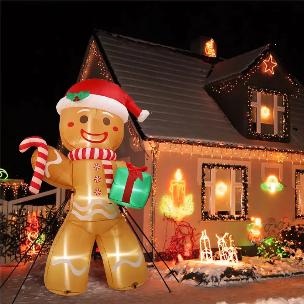 8FT Gingerbread Man Christmas Inflatable with Gift Pack - Festive Outdoor Yard Decoration with LED Lights