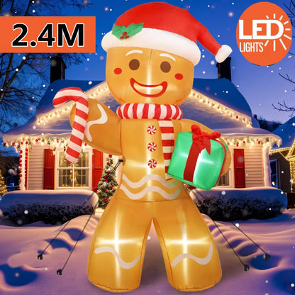 8FT Gingerbread Man Christmas Inflatable with Gift Pack - Festive Outdoor Yard Decoration with LED Lights