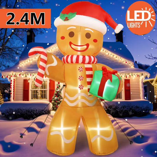 8FT Gingerbread Man Christmas Inflatable with Gift Pack - Festive Outdoor Yard Decoration with LED Lights
