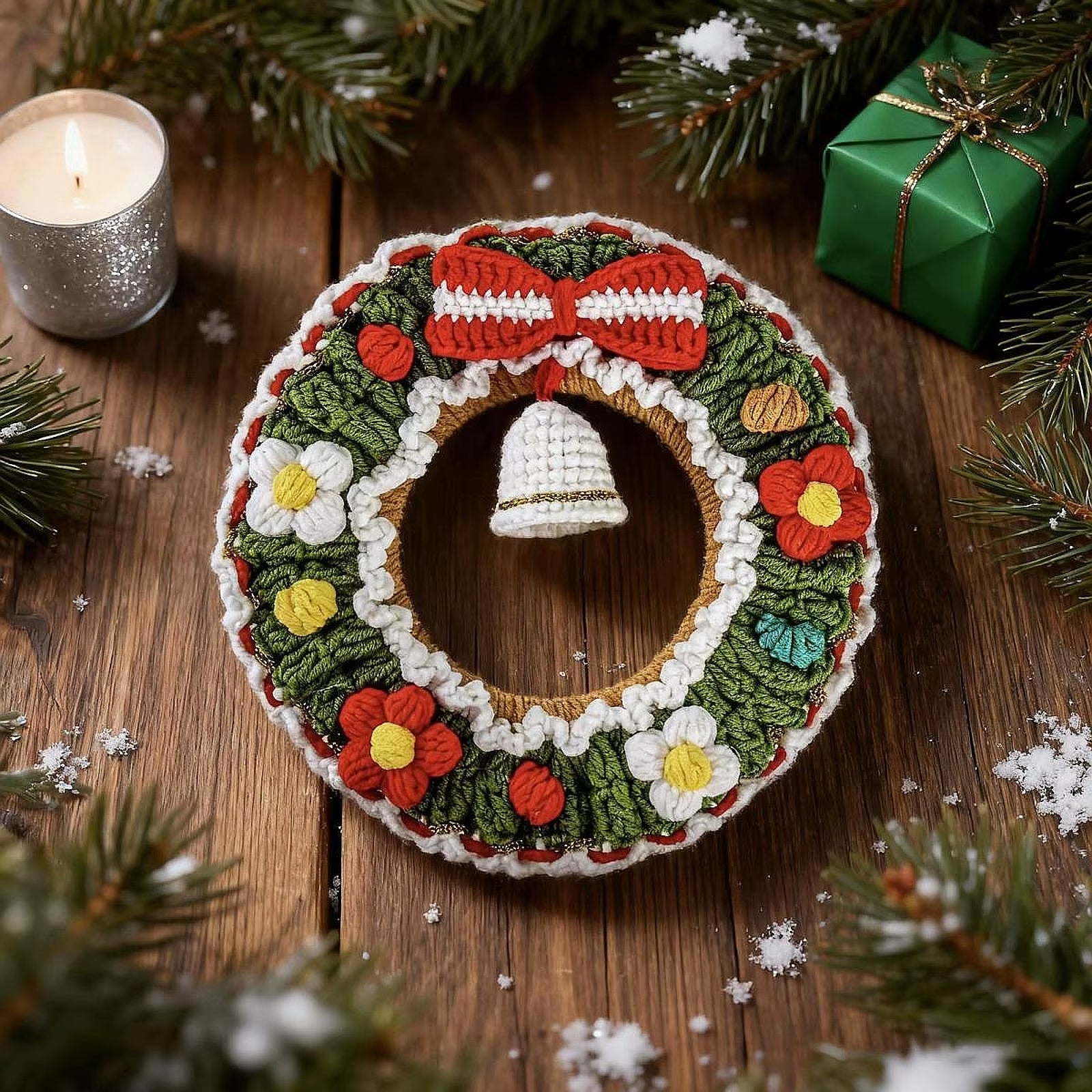 Festive Crochet Christmas Wreath - Beautiful Hanging Holiday Decoration & Bell Garland for Front Door