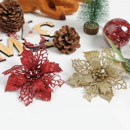 Stunning Glitter Artificial Christmas Flowers - Perfect for Wreaths, Garlands, and Holiday Decor (5/10PCS)