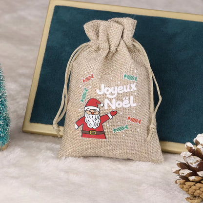 Set of 5 Christmas Burlap Drawstring Pouches - Festive Snowman & Santa Claus Designs for Jewelry Packaging & Gift Giving
